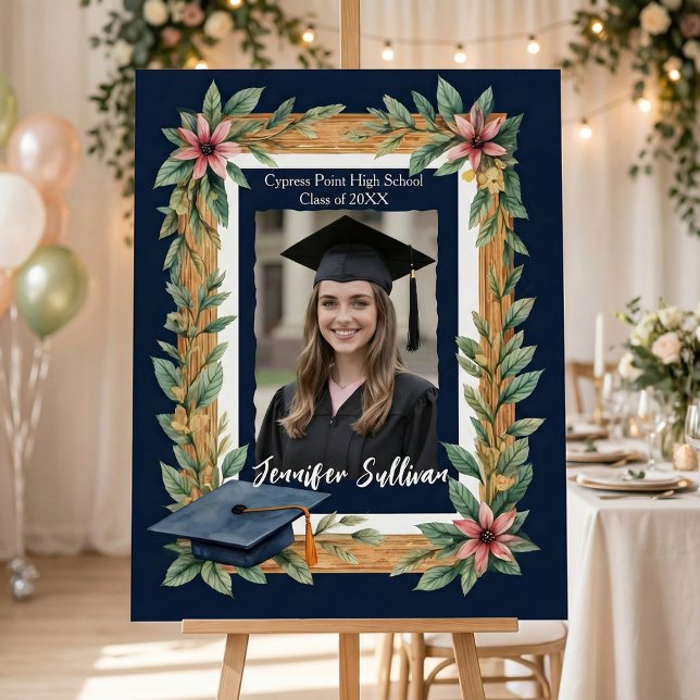 Navy Blue Rustic Wood Floral Photo Graduation Foam Board (Creator Uploaded)