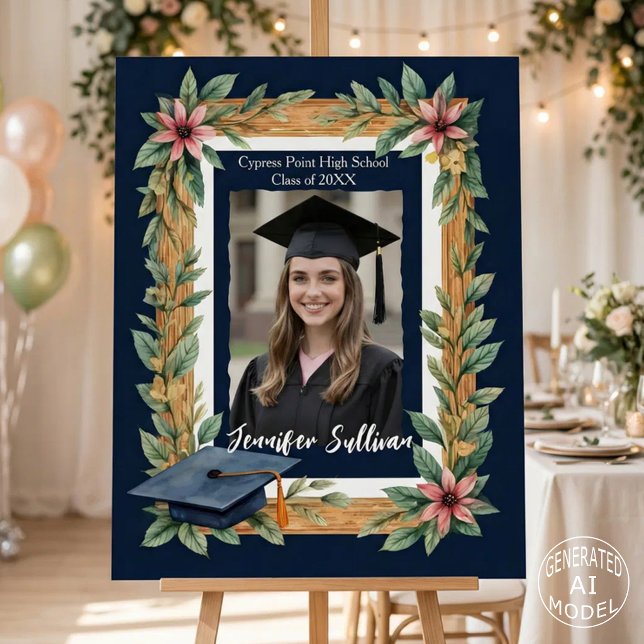 Navy Blue Rustic Wood Floral Photo Graduation Foam Board (Creator Uploaded)