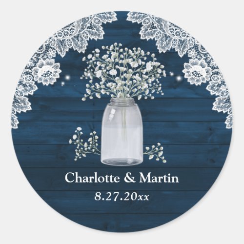 Navy Blue Rustic Wood Lace Babys Breath Wedding Classic Round Sticker