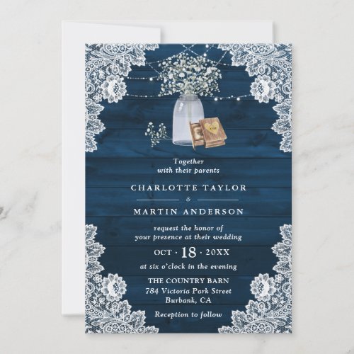 Navy Blue Rustic Wood Lace Babys Breath Wedding Invitation