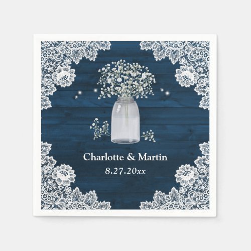 Navy Blue Rustic Wood Lace Babys Breath Wedding Napkins