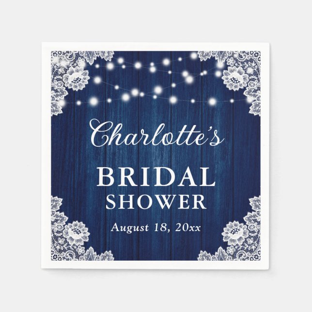 Navy Blue Rustic Wood Lace Bridal Shower Napkins (Front)