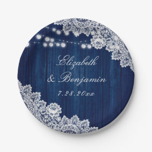 Navy Blue Rustic Wood Lace String Lights Paper Plates