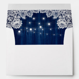 Navy Blue Rustic Wood Lace String Lights Wedding Envelope