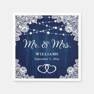 Navy Blue Rustic Wood Lace String Lights Wedding Napkins