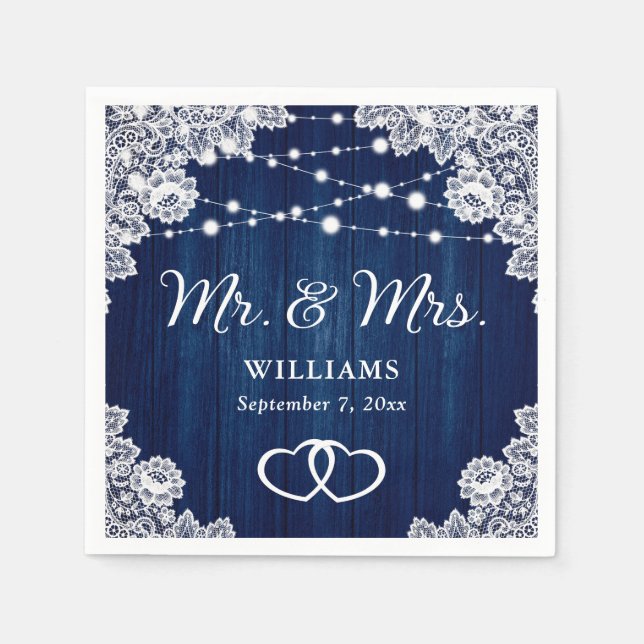 Navy Blue Rustic Wood Lace String Lights Wedding Napkins (Front)