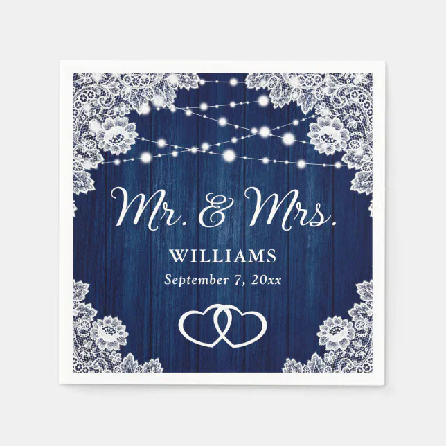 Navy Blue Rustic Wood Lace String Lights Wedding Napkins | Zazzle