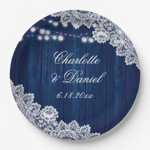 Navy Blue Rustic Wood Lace String Lights Wedding Paper Plates