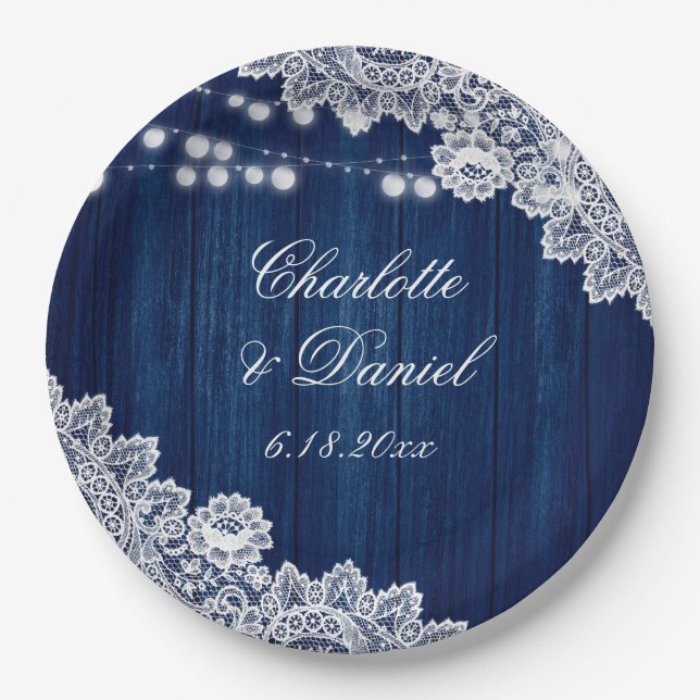 Navy Blue Rustic Wood Lace String Lights Wedding Paper Plates (Front)