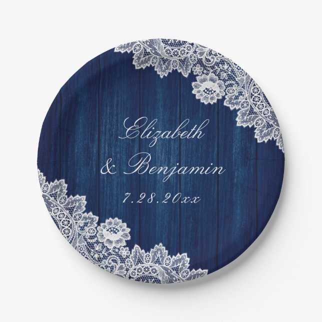 Navy Blue Rustic Wood Lace String Lights Wedding Paper Plates (Front)