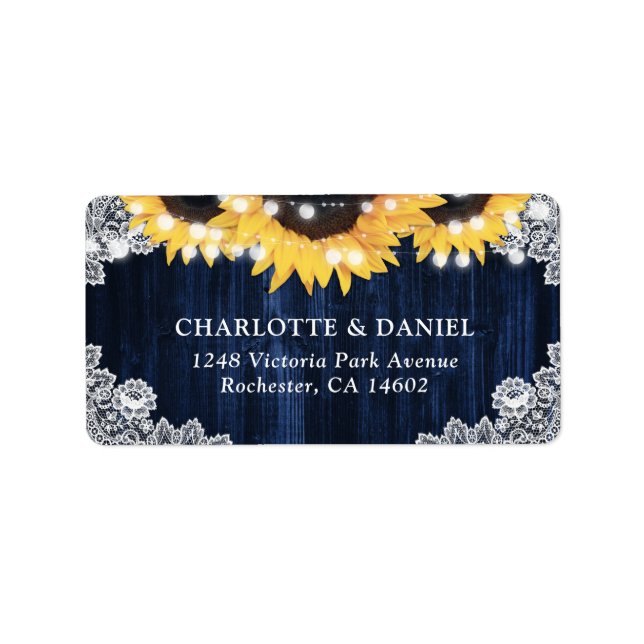 Navy Blue Rustic Wood Lace Sunflower Address Label (Front)