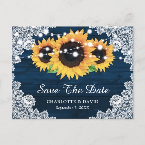 Navy Blue Rustic Wood Lace Sunflower Save The Date Announcement Postcard