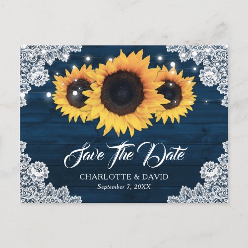 Navy Blue Rustic Wood Lace Sunflower Save The Date Announcement Postcard