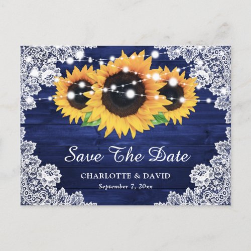 Navy Blue Rustic Wood Lace Sunflower Save The Date Announcement Postcard