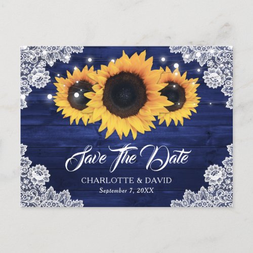 Navy Blue Rustic Wood Lace Sunflower Save The Date Announcement Postcard