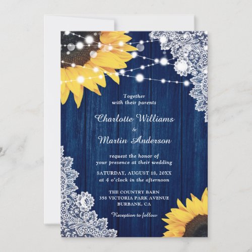 Navy Blue Rustic Wood Lace Sunflower Wedding Invitation