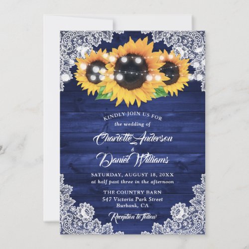 Navy Blue Rustic Wood Lace Sunflower Wedding