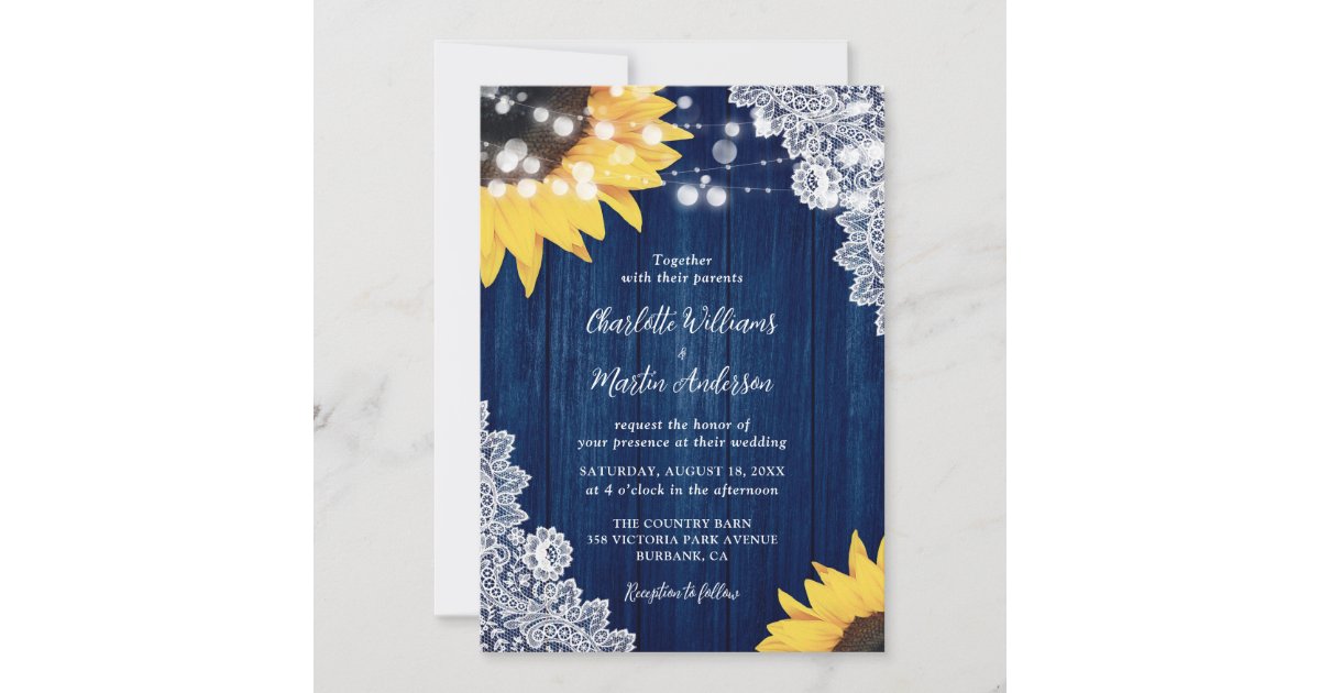 Navy Blue Rustic Wood Lace Sunflower Wedding Invitation | Zazzle