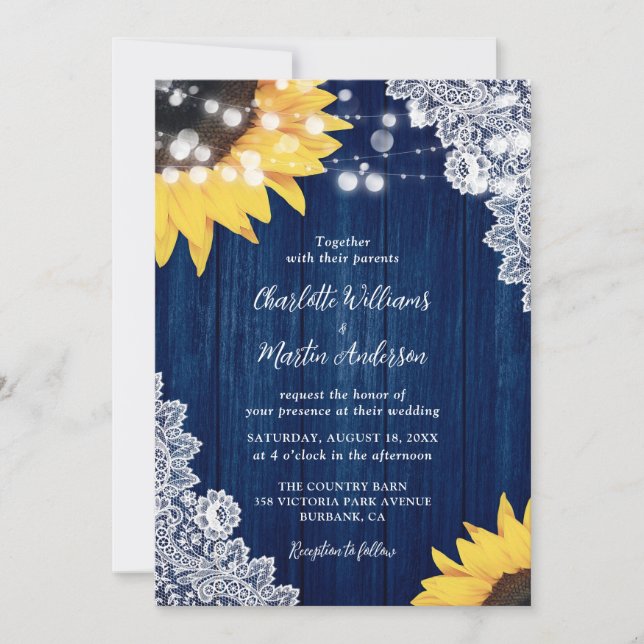 Navy Blue Rustic Wood Lace Sunflower Wedding Invitation (Front)