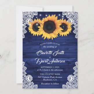 Navy Blue Rustic Wood Lace Sunflower Wedding Invitation