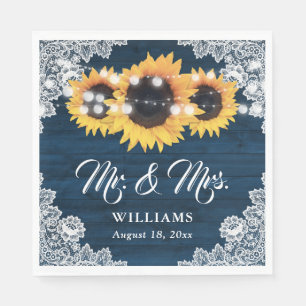 Navy Blue Rustic Wood Lace Sunflower Wedding Napkins