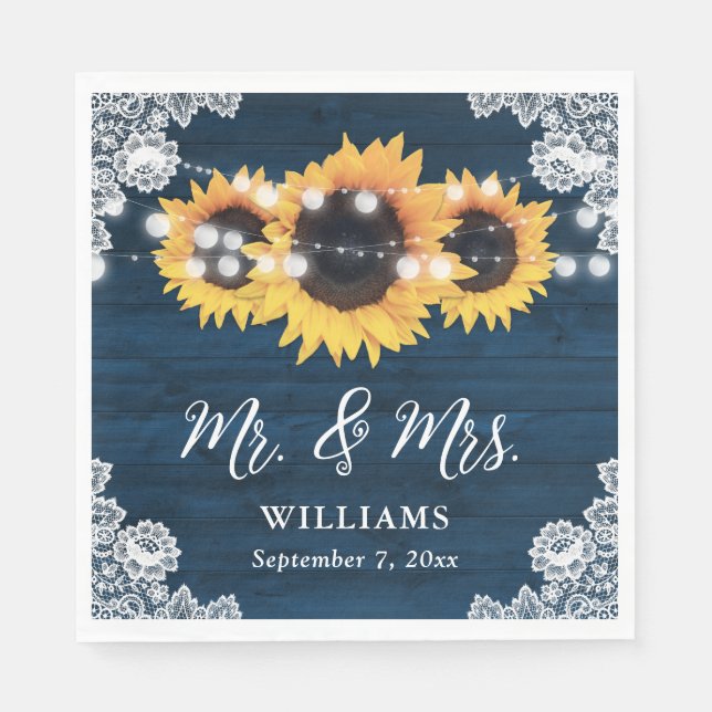 Navy Blue Rustic Wood Lace Sunflower Wedding Napkins (Front)