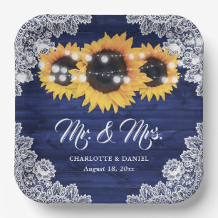 Navy Blue Rustic Wood Lace Sunflower Wedding Paper Plates