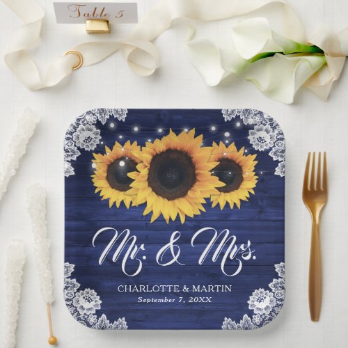 Navy Blue Rustic Wood Lace Sunflower Wedding Paper Plates