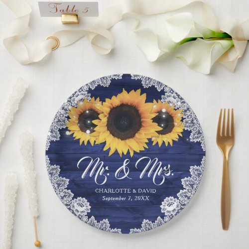 Navy Blue Rustic Wood Lace Sunflower Wedding Paper Plates