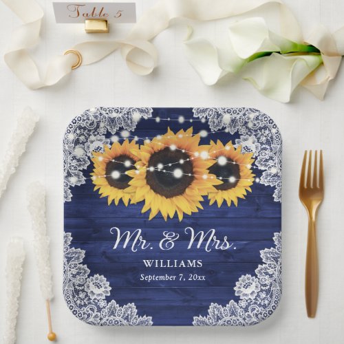 Navy Blue Rustic Wood Lace Sunflower Wedding Paper Plates