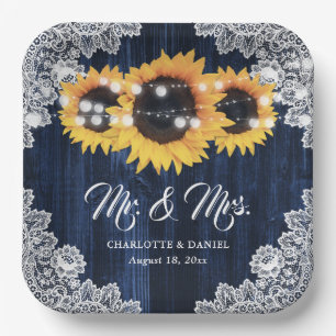 Navy Blue Rustic Wood Lace Sunflower Wedding Paper Plates