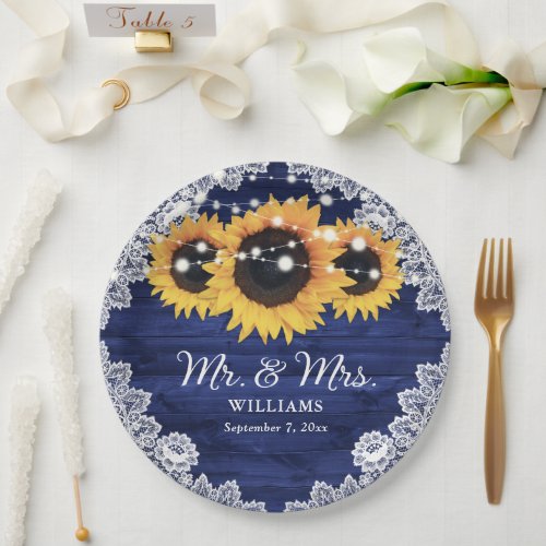 Navy Blue Rustic Wood Lace Sunflower Wedding Paper Plates