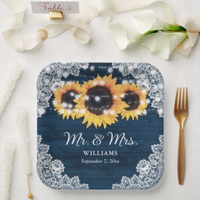 Navy Blue Rustic Wood Lace Sunflower Wedding Paper Plates (Wedding)