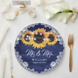 Navy Blue Rustic Wood Lace Sunflower Wedding Paper Plates