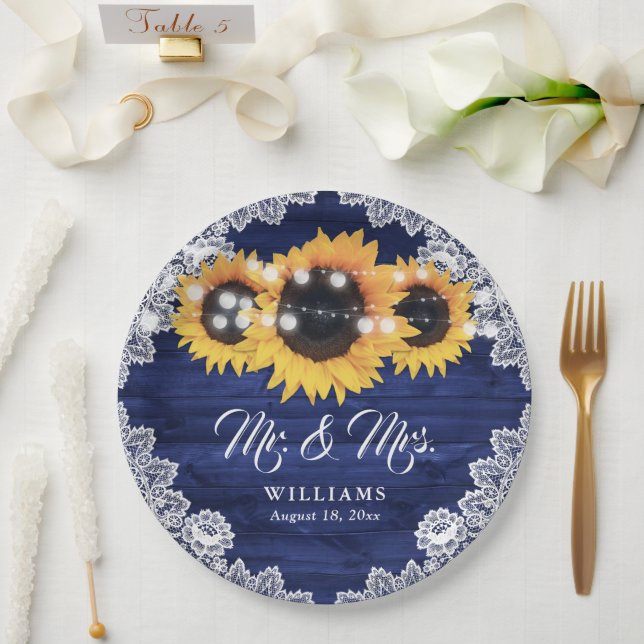 Navy Blue Rustic Wood Lace Sunflower Wedding Paper Plates (Wedding)