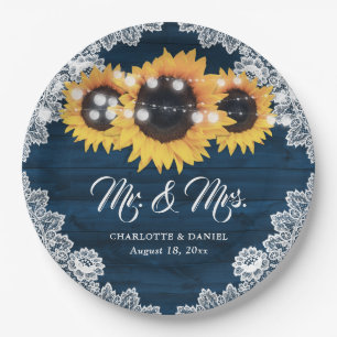 Navy Blue Rustic Wood Lace Sunflower Wedding Paper Plates