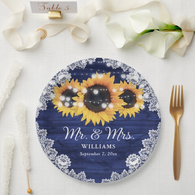 Navy Blue Rustic Wood Lace Sunflower Wedding Paper Plates (Wedding)