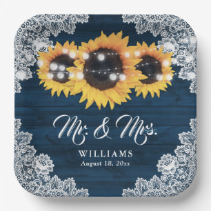 Navy Blue Rustic Wood Lace Sunflower Wedding Paper Plates