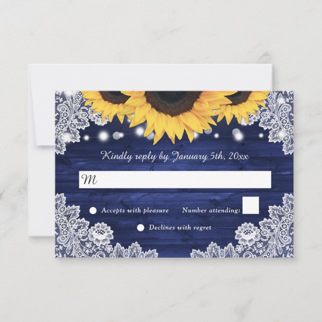 Navy Blue Rustic Wood Lace Sunflower Wedding RSVP (Front)