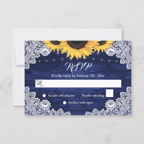 Navy Blue Rustic Wood Lace Sunflower Wedding RSVP