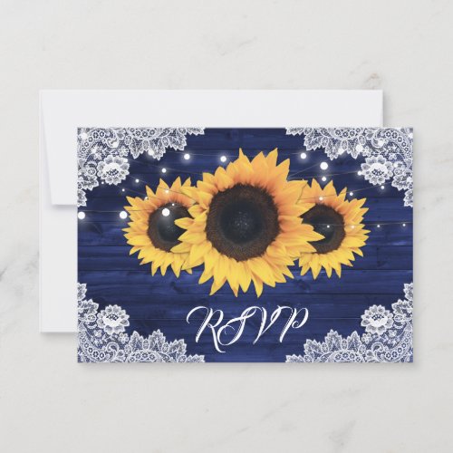 Navy Blue Rustic Wood Lace Sunflower Wedding RSVP Card