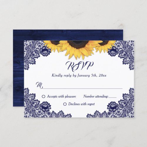 Navy Blue Rustic Wood Lace Sunflower Wedding RSVP Card