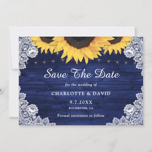 Navy Blue Rustic Wood Lace Sunflower Wedding Save The Date