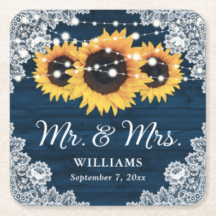 Navy Blue Rustic Wood Lace Sunflower Wedding Square Paper Coaster