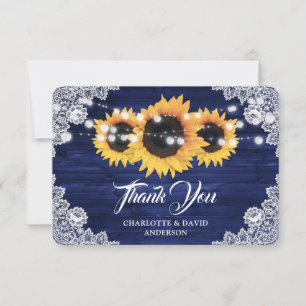 Navy Blue Rustic Wood Lace Sunflower Wedding Thank You Card