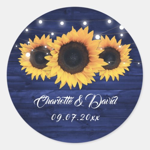 Navy Blue Rustic Wood Lights Sunflower Wedding Classic Round Sticker