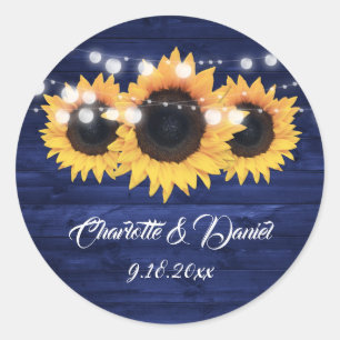 Navy Blue Rustic Wood Lights Sunflower Wedding Classic Round Sticker