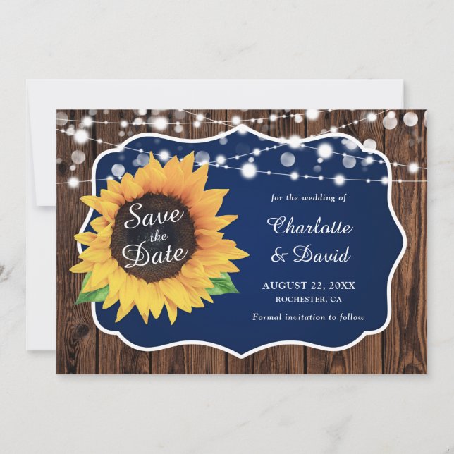 Navy Blue Rustic Wood Lights Sunflower Wedding Save The Date (Front)