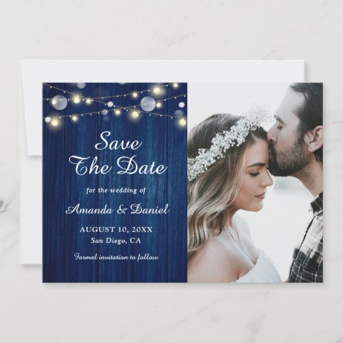 Navy Blue Rustic Wood Lights Wedding Save The Date Announcement