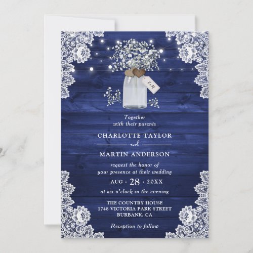 Navy Blue Rustic Wood Mason Jar Elegant Wedding Invitation